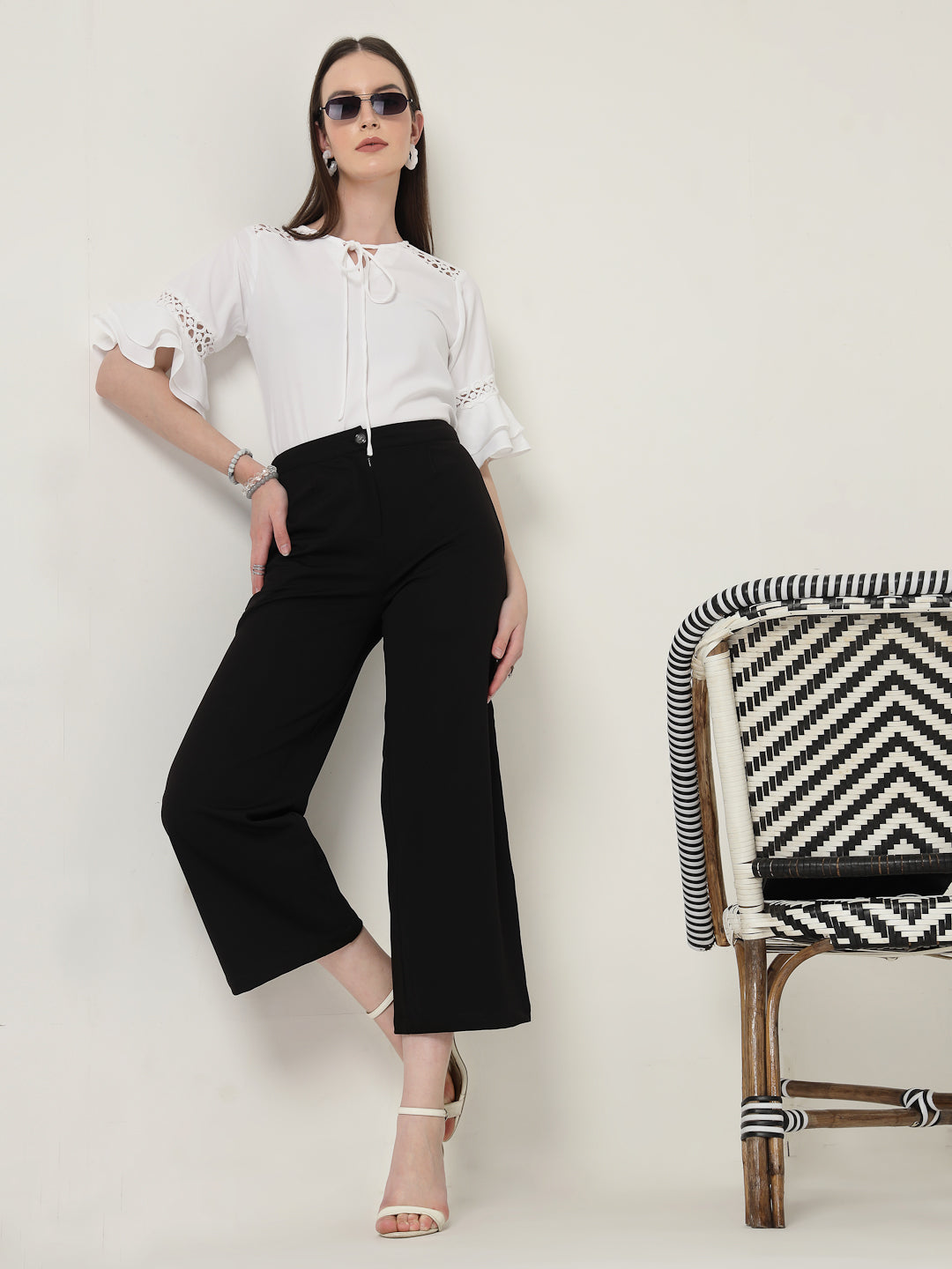 Style Quotient Women Solid White Polymoss Regular Fit Smart Casual Lace Insert Top-Tops-StyleQuotient