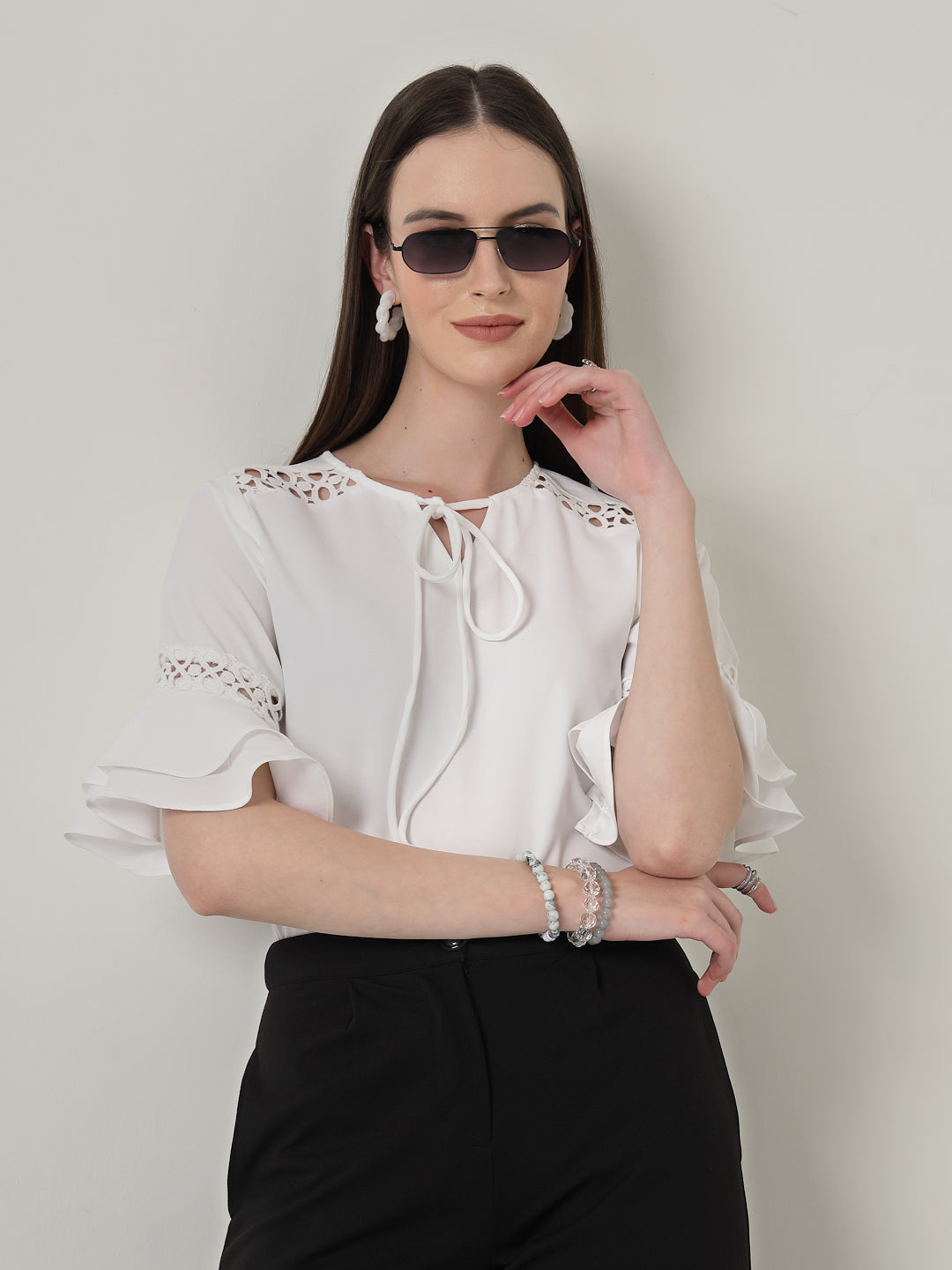 Style Quotient Women Solid White Polymoss Regular Fit Smart Casual Lace Insert Top-Tops-StyleQuotient
