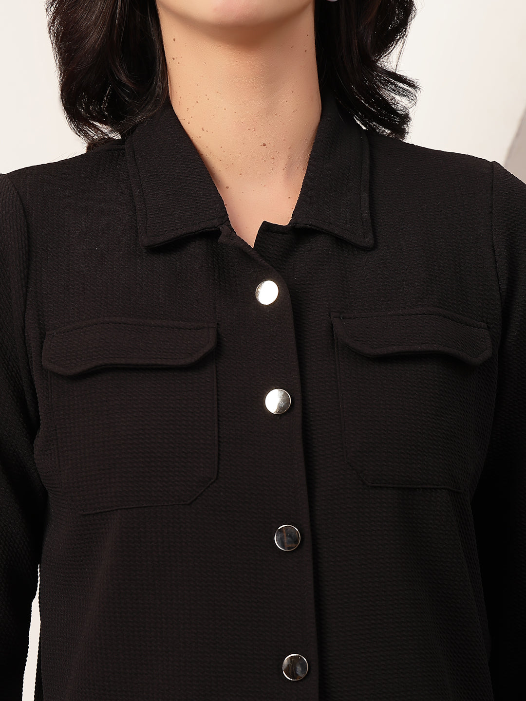 Style Quotient Women Black knit shacket-Shirts-StyleQuotient