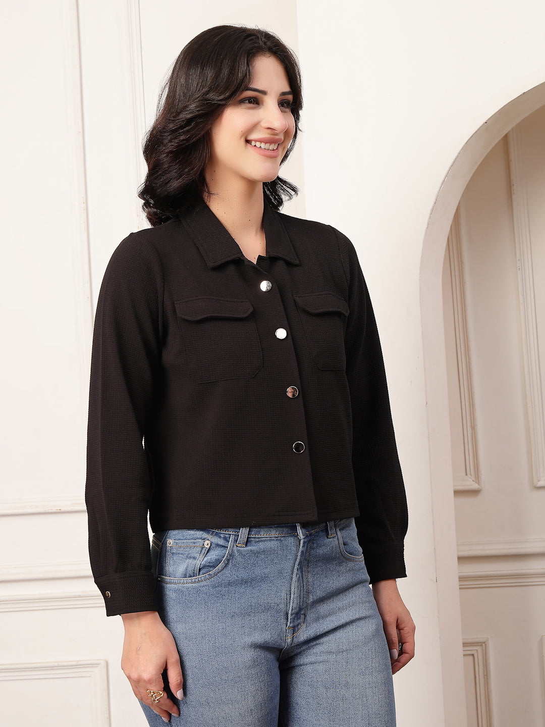 Style Quotient Women Black knit shacket-Shirts-StyleQuotient