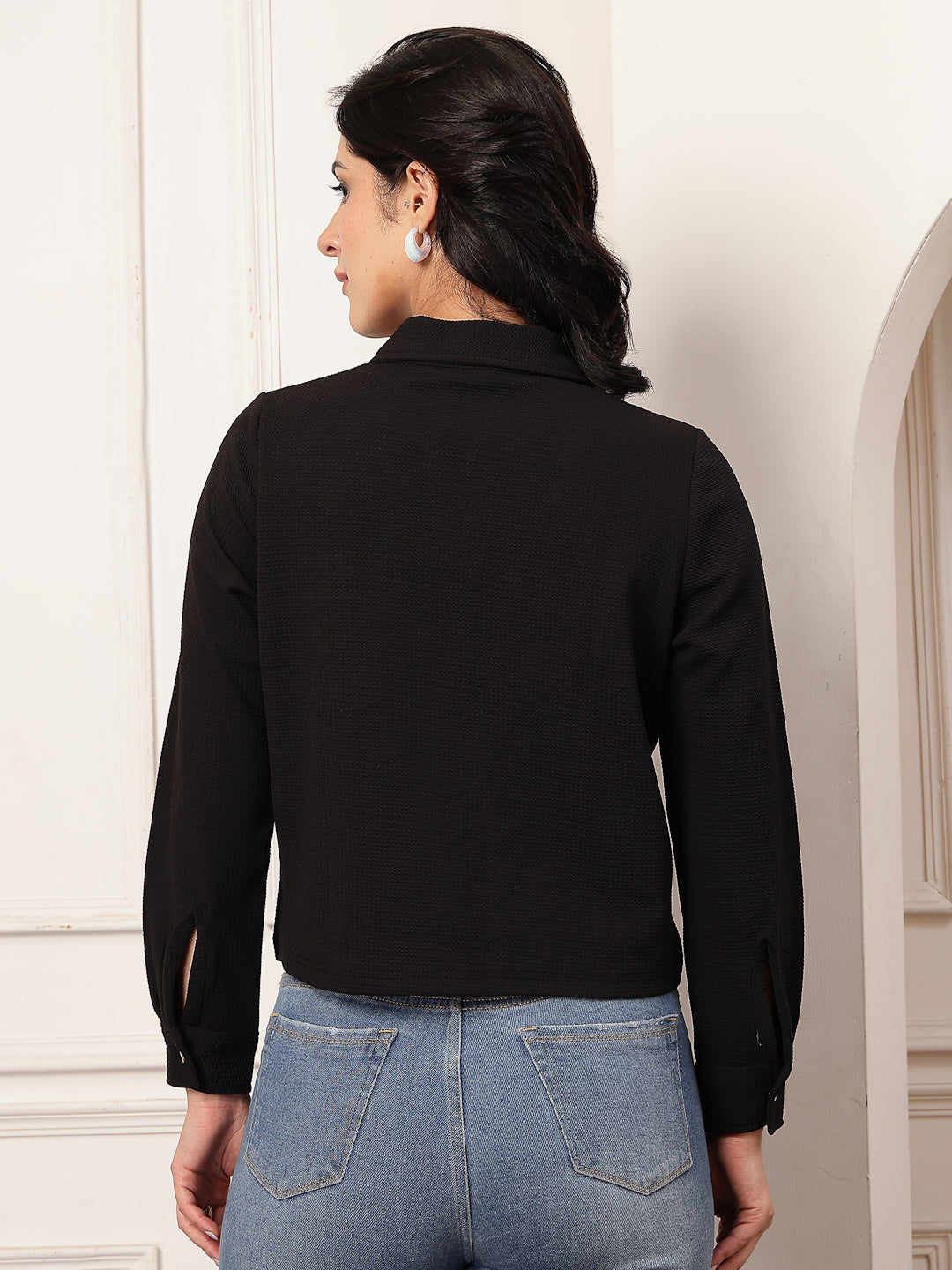 Style Quotient Women Black knit shacket-Shirts-StyleQuotient