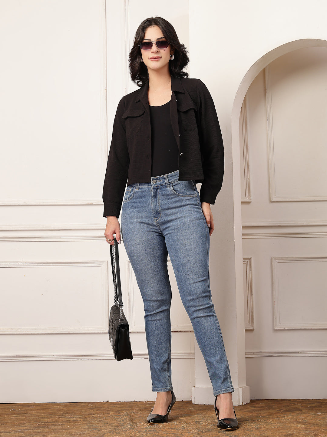 Style Quotient Women Black knit shacket-Shirts-StyleQuotient