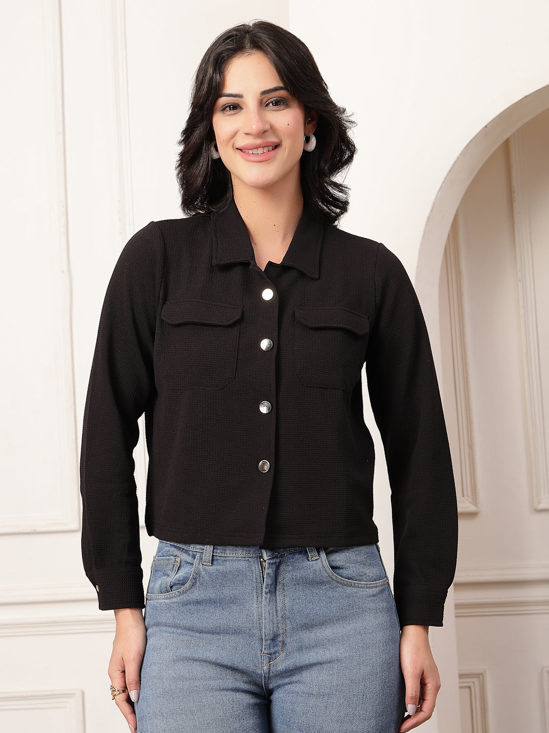 Style Quotient Women Black knit shacket-Shirts-StyleQuotient