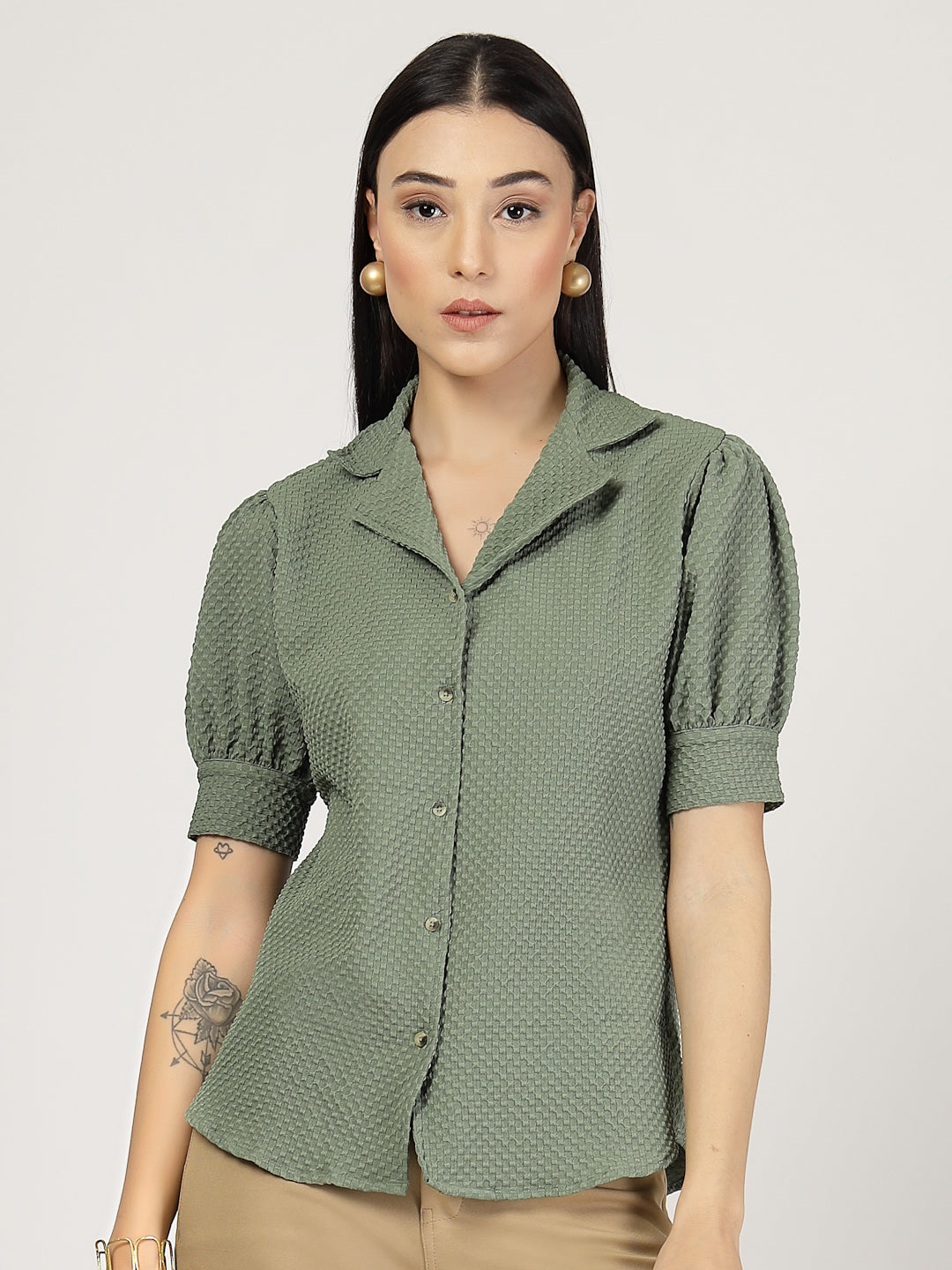 Style Quotient Women Sage Green Solid Texture Polyester Puff Sleeve Formal Shirt-Shirts-StyleQuotient