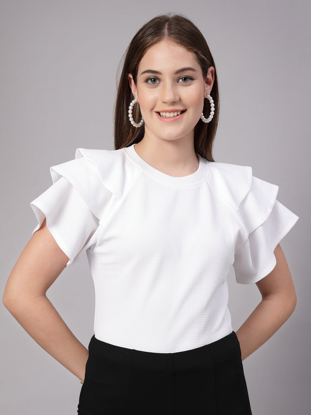 Style Quotient Women Solid Texture White Slim Fit Smart Casual Polyknit Top-Tops-StyleQuotient