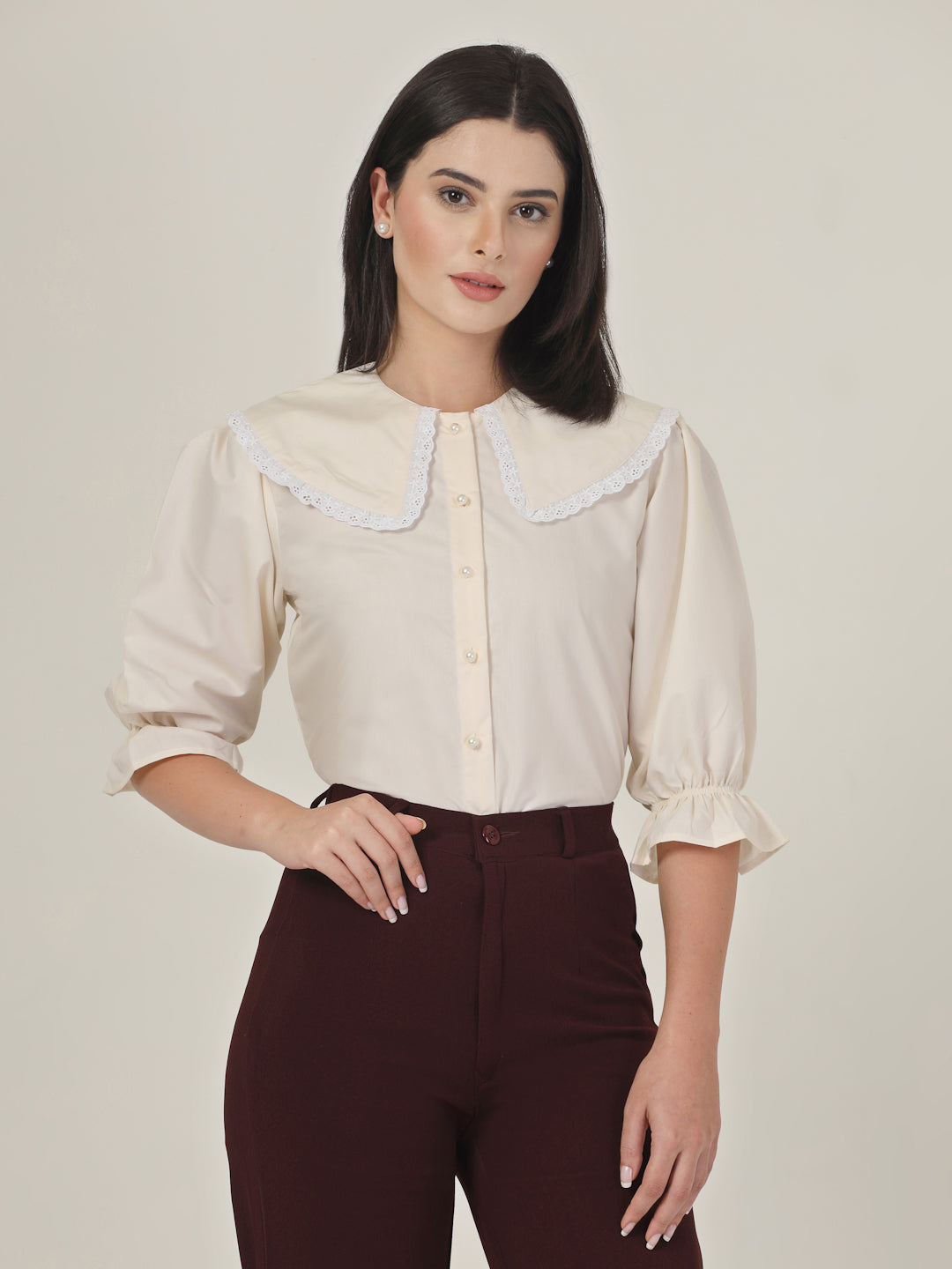Style Quotient Women Beige Shirt with Peter Pan Collar-Tops-StyleQuotient