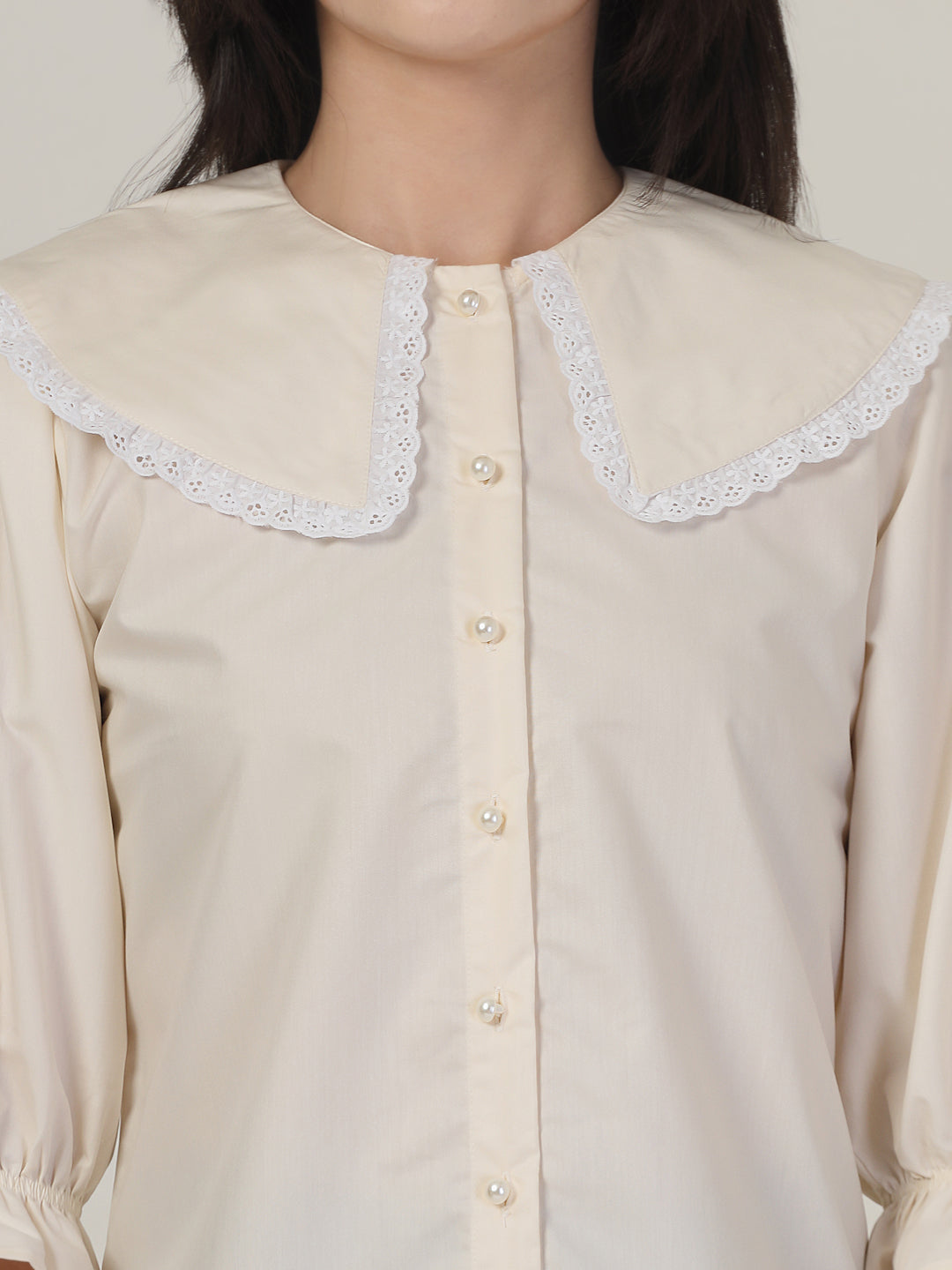Style Quotient Women Beige Shirt with Peter Pan Collar-Tops-StyleQuotient