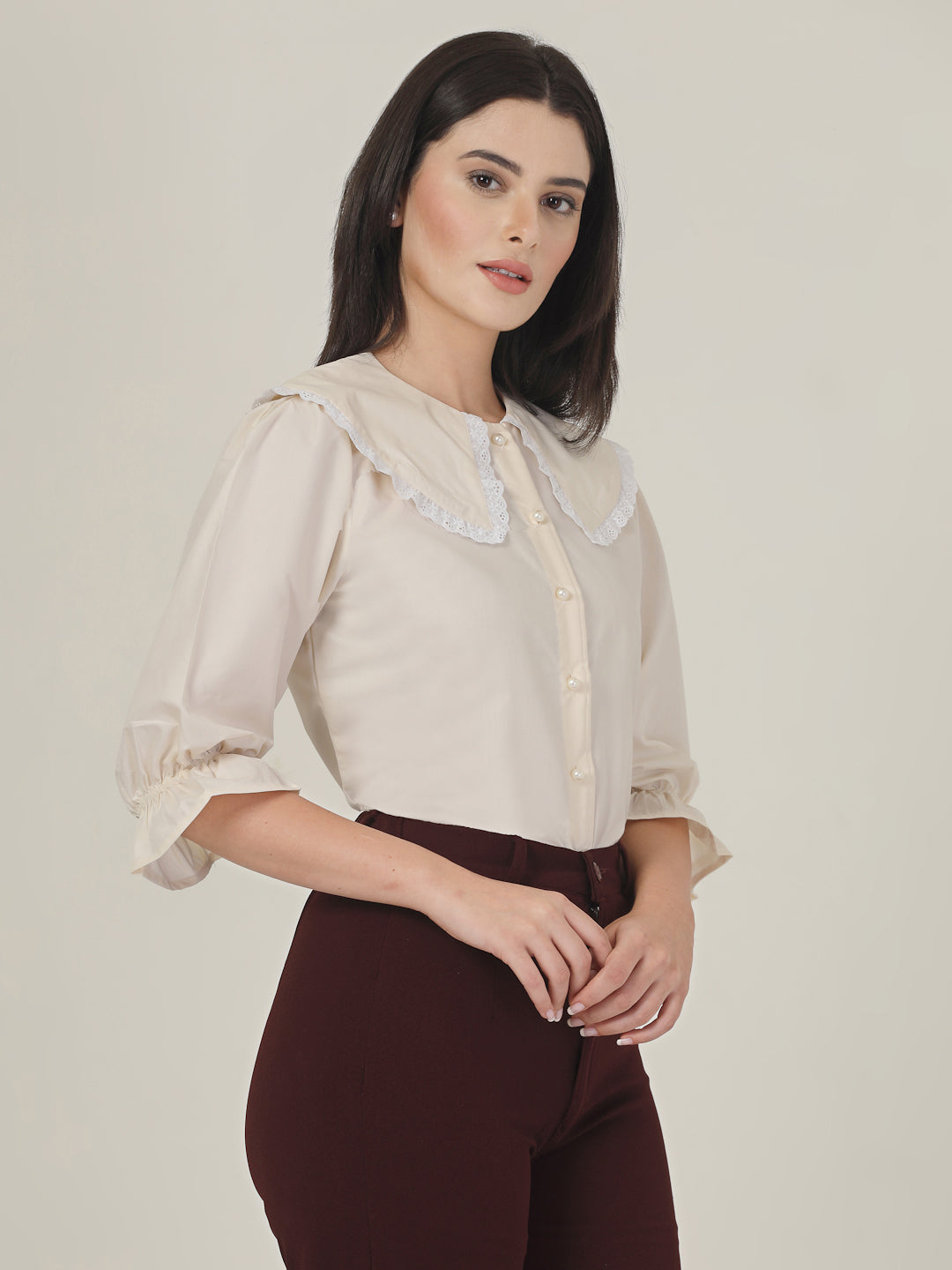 Style Quotient Women Beige Shirt with Peter Pan Collar-Tops-StyleQuotient