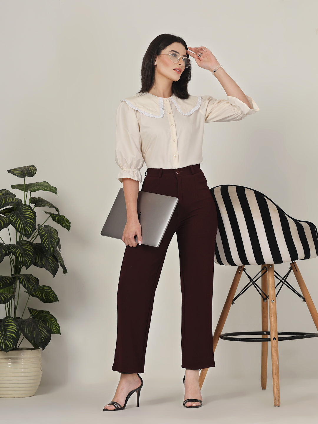 Style Quotient Women Beige Shirt with Peter Pan Collar-Tops-StyleQuotient