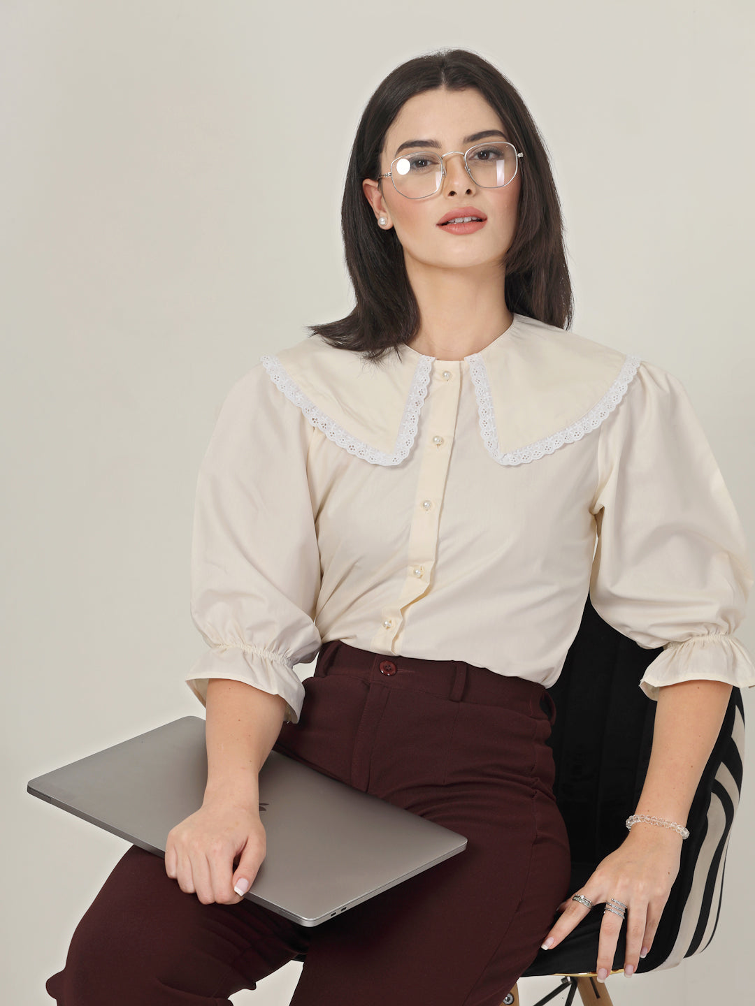 Style Quotient Women Beige Shirt with Peter Pan Collar-Tops-StyleQuotient