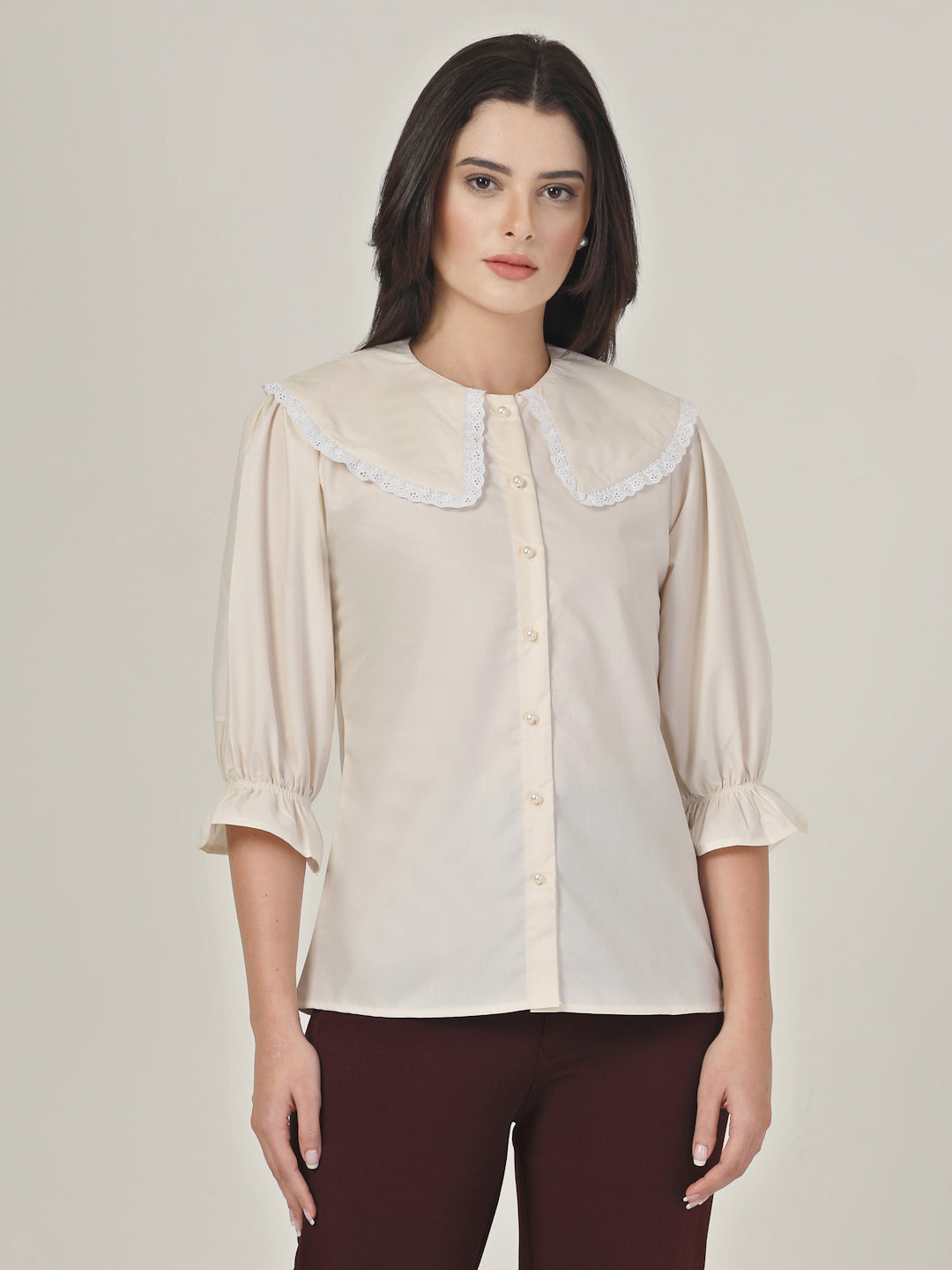 Style Quotient Women Beige Shirt with Peter Pan Collar-Tops-StyleQuotient