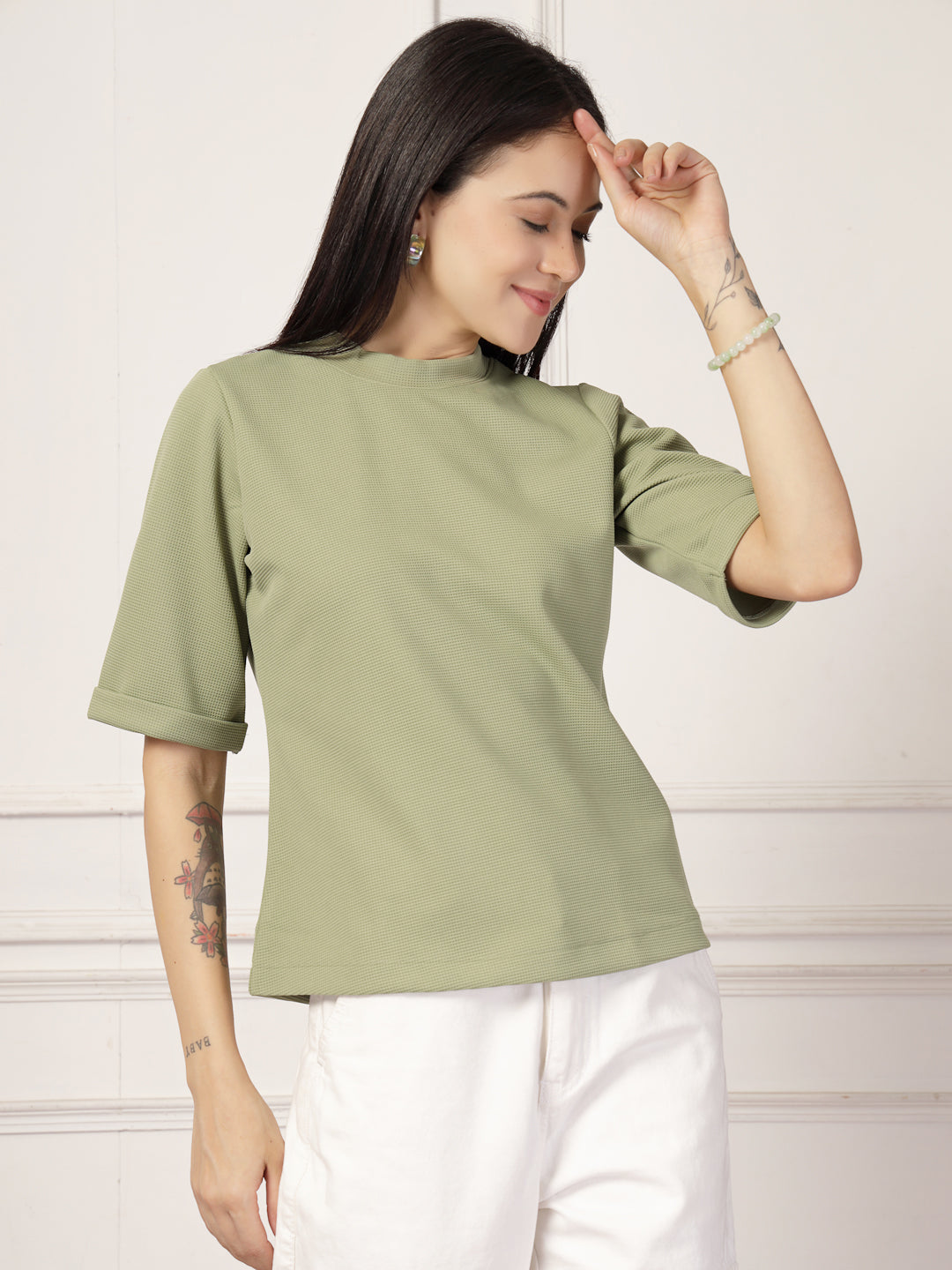 Style Quotient Women Solid Texture Sage Green Polyester Top-Tops-StyleQuotient