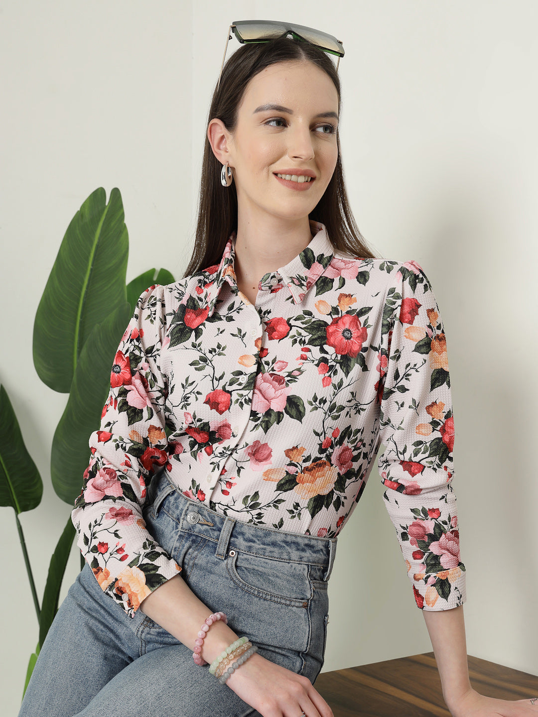 Style Quotient Women Beige Floral printed knit shirt-Shirts-StyleQuotient