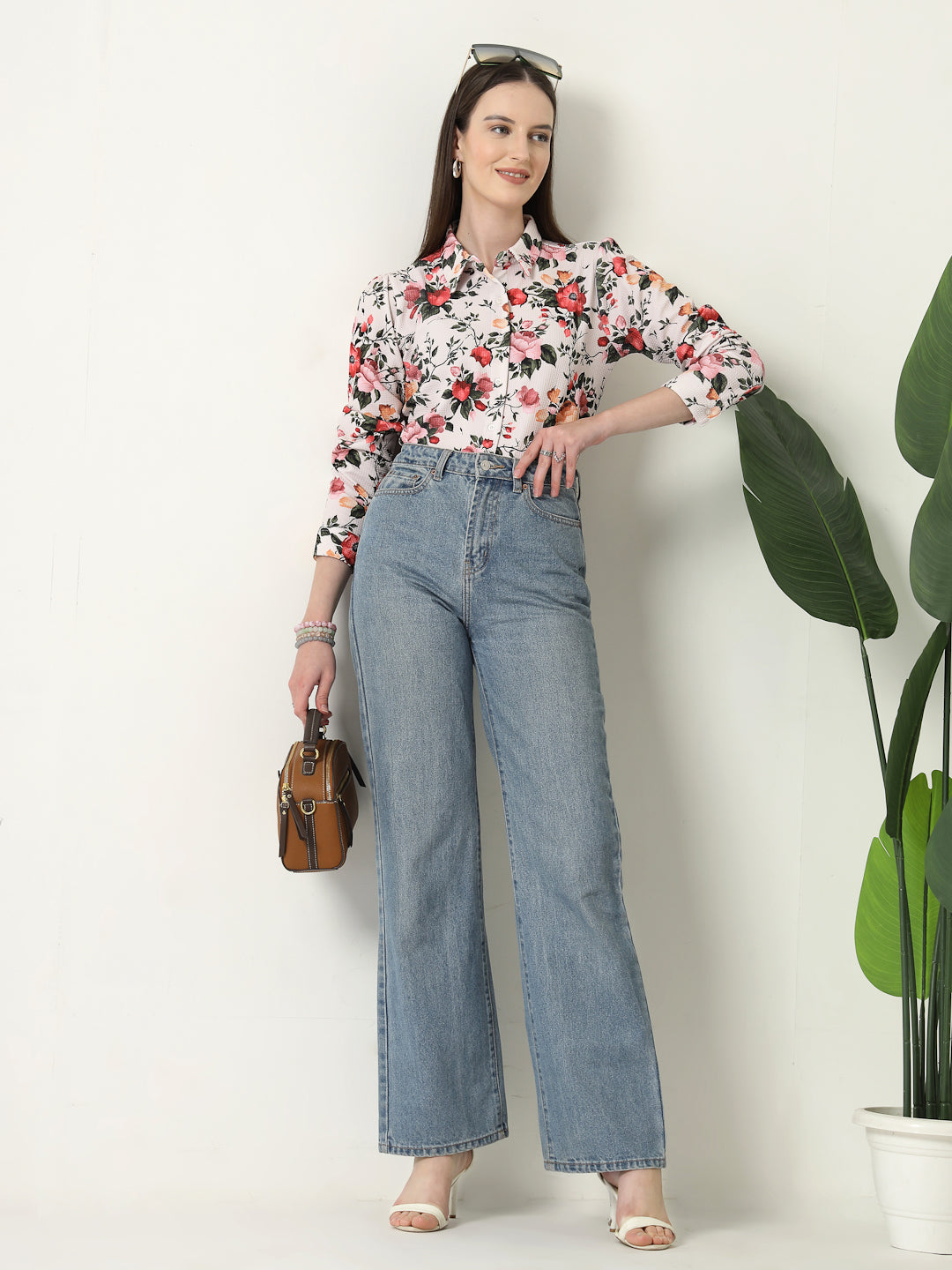 Style Quotient Women Beige Floral printed knit shirt-Shirts-StyleQuotient