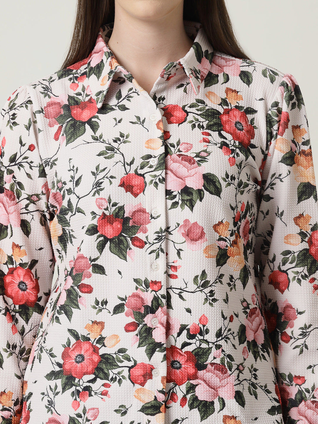 Style Quotient Women Beige Floral printed knit shirt-Shirts-StyleQuotient