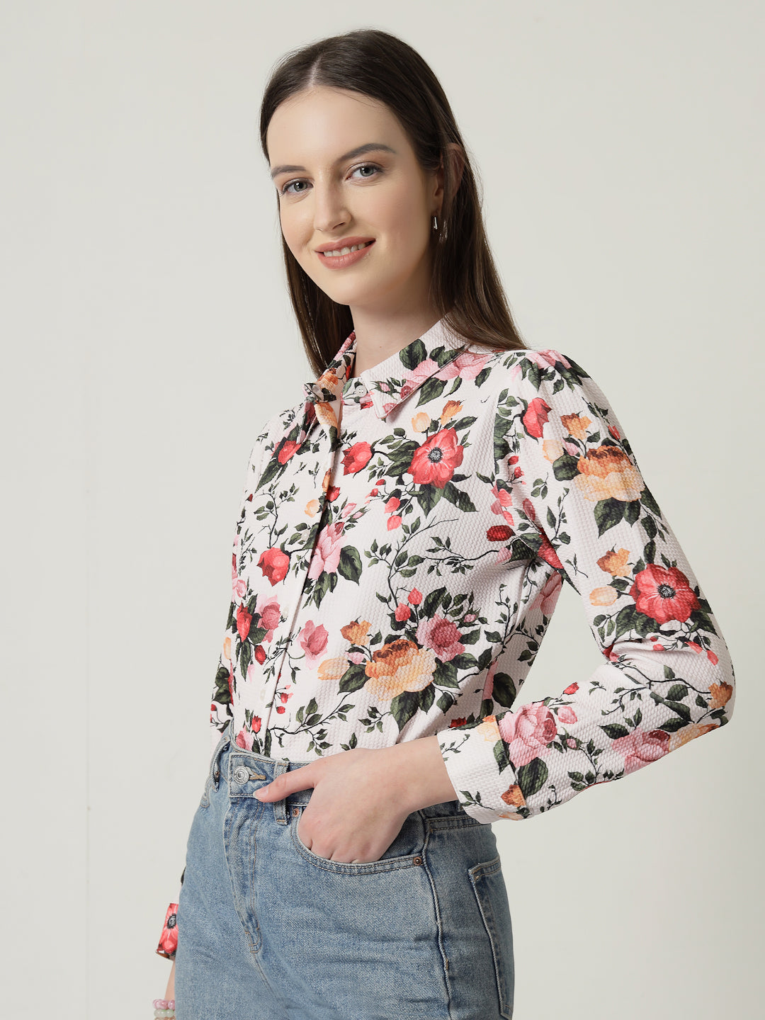 Style Quotient Women Beige Floral printed knit shirt-Shirts-StyleQuotient