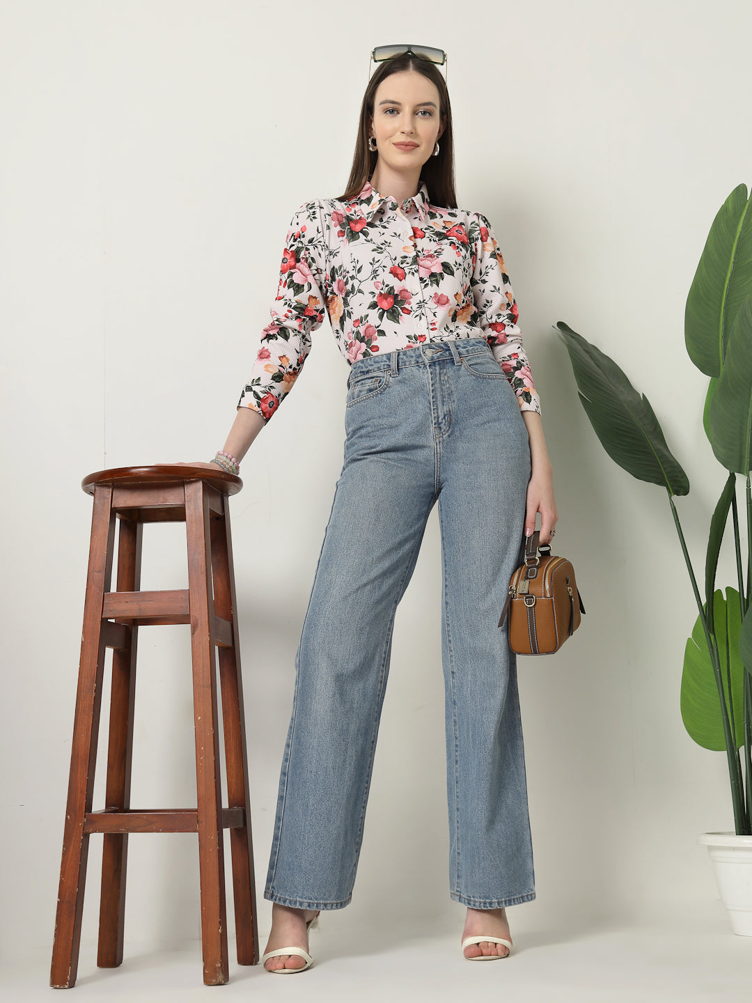 Style Quotient Women Beige Floral printed knit shirt-Shirts-StyleQuotient