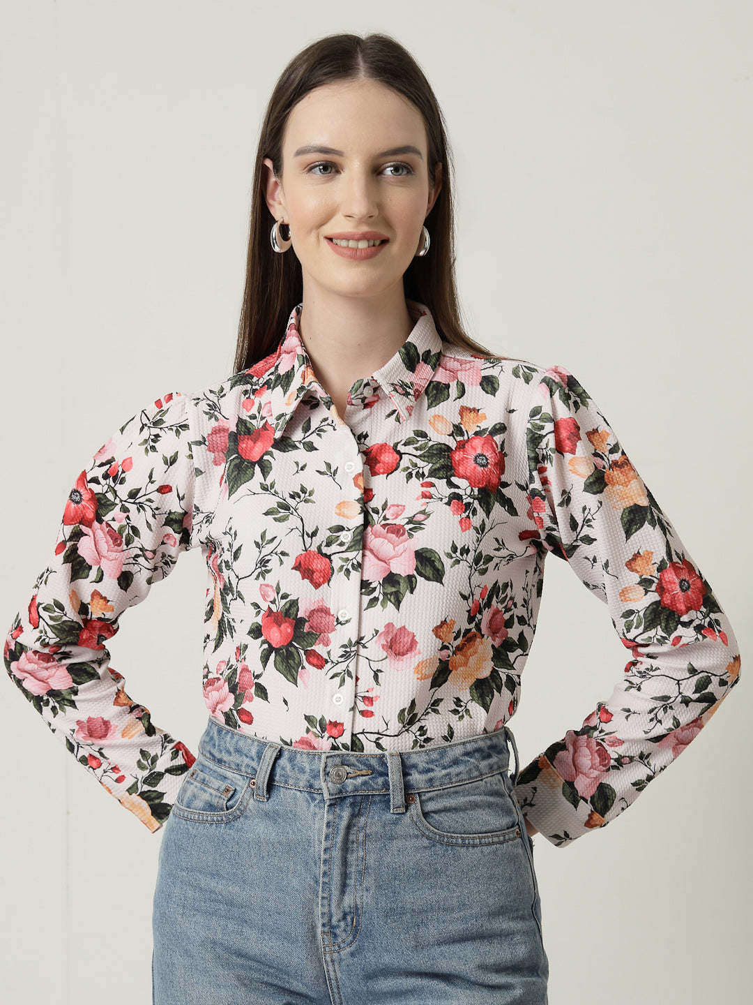Style Quotient Women Beige Floral printed knit shirt-Shirts-StyleQuotient
