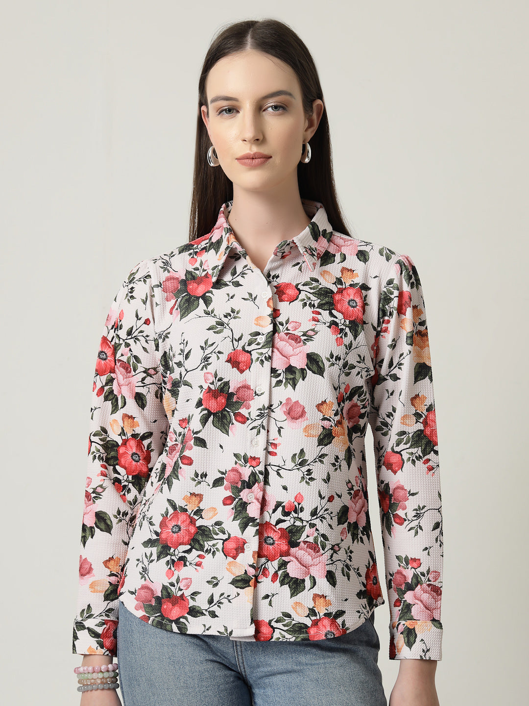 Style Quotient Women Beige Floral printed knit shirt-Shirts-StyleQuotient