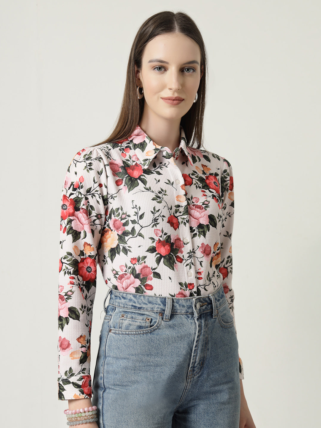 Style Quotient Women Beige Floral printed knit shirt-Shirts-StyleQuotient