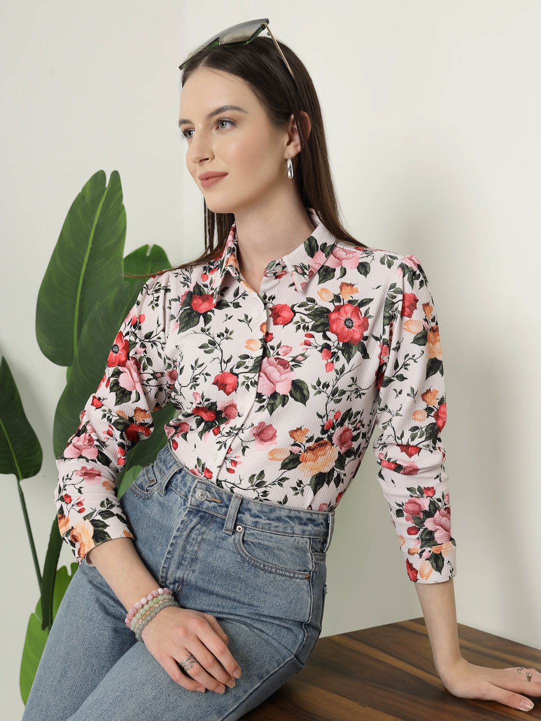 Style Quotient Women Beige Floral printed knit shirt-Shirts-StyleQuotient