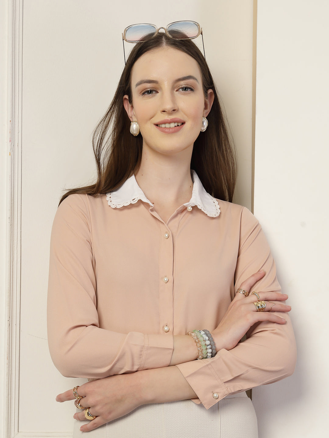 Style Quotient Women Nude And White Solid Polyester Formal Shirt-Shirts-StyleQuotient