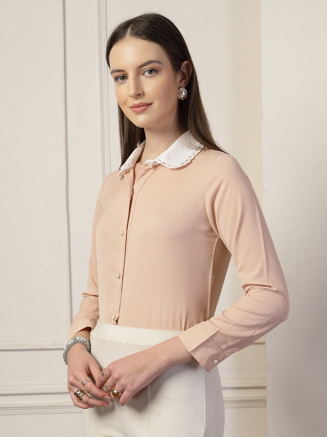 Style Quotient Women Nude And White Solid Polyester Formal Shirt-Shirts-StyleQuotient