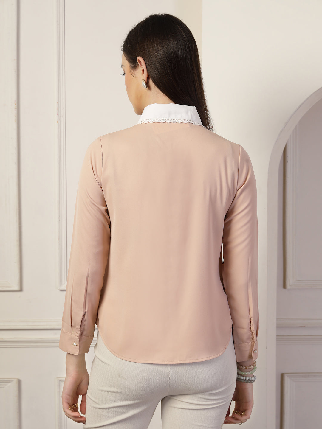 Style Quotient Women Nude And White Solid Polyester Formal Shirt-Shirts-StyleQuotient