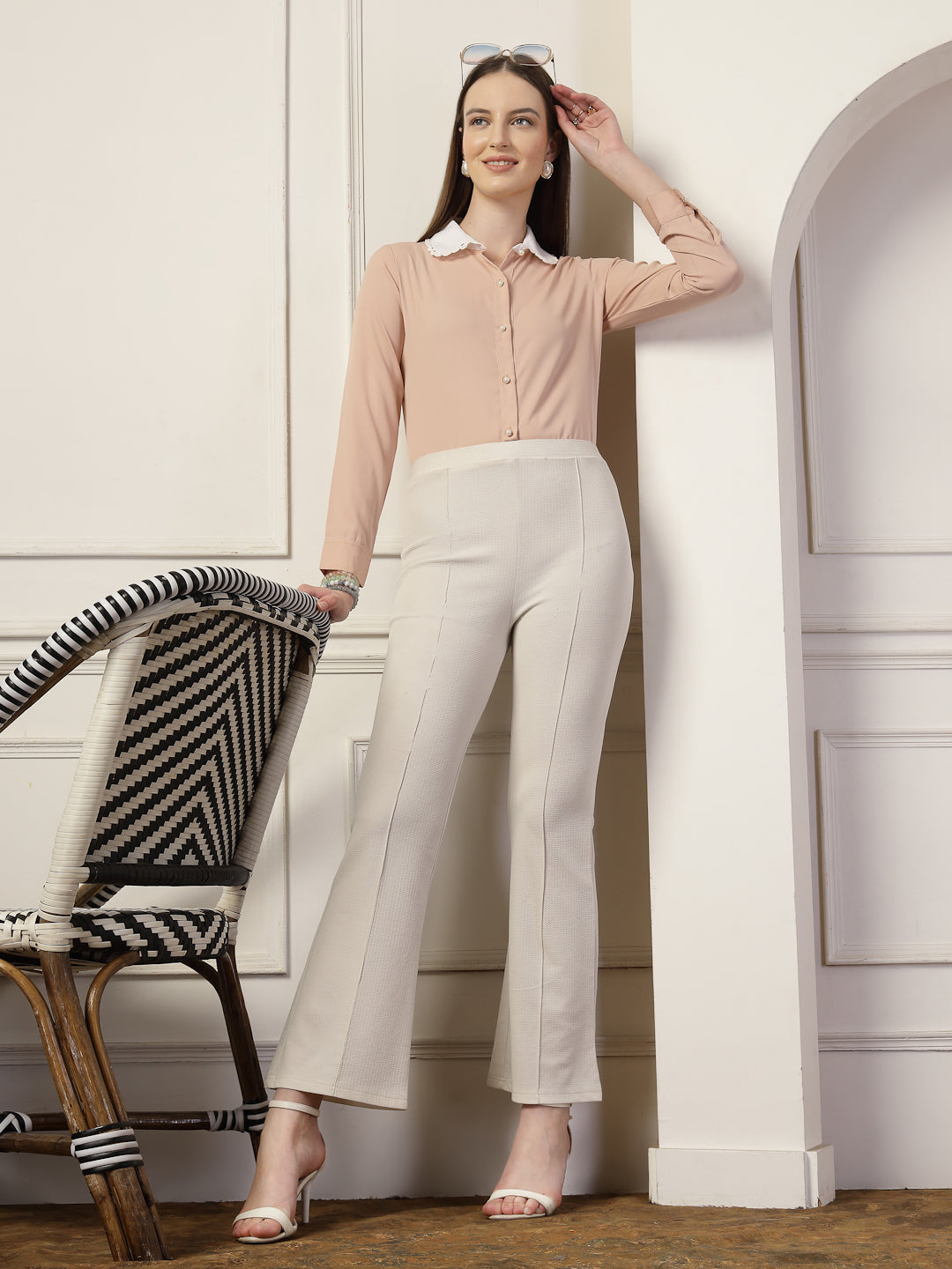 Style Quotient Women Nude And White Solid Polyester Formal Shirt-Shirts-StyleQuotient