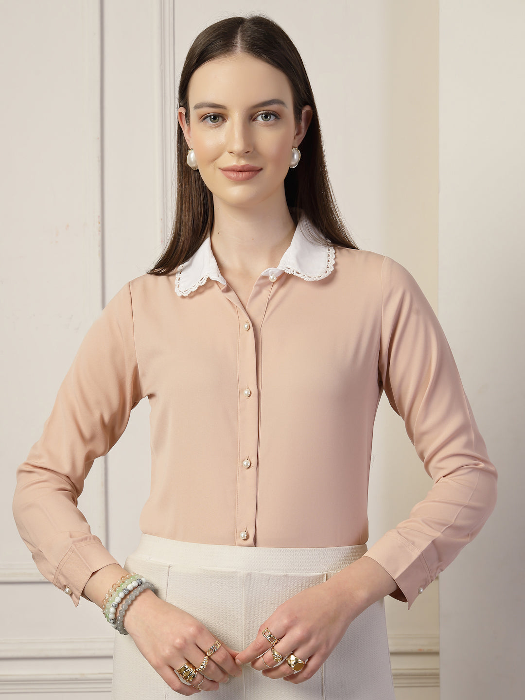 Style Quotient Women Nude And White Solid Polyester Formal Shirt-Shirts-StyleQuotient