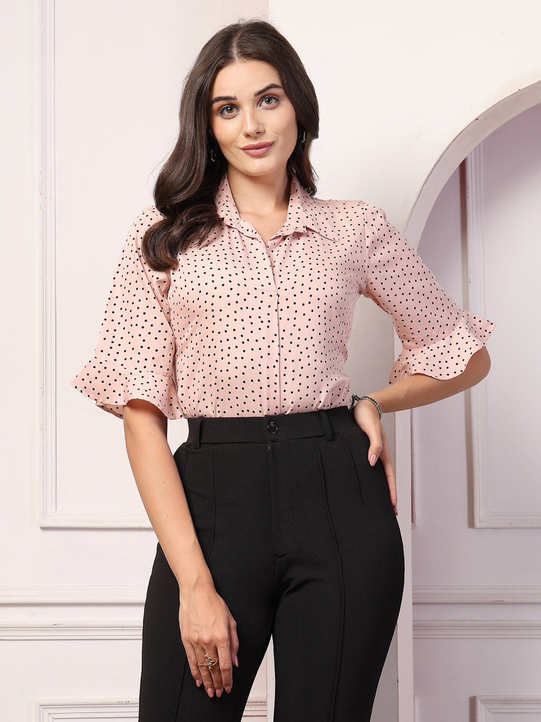 Style Quotient Women Smart Nude & Black Polk Dot Flare Sleeve Top-Tops-StyleQuotient