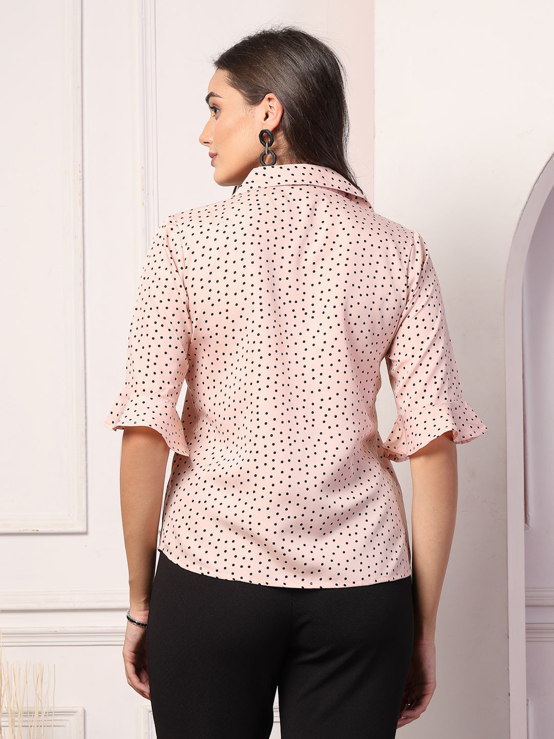 Style Quotient Women Smart Nude & Black Polk Dot Flare Sleeve Top-Tops-StyleQuotient