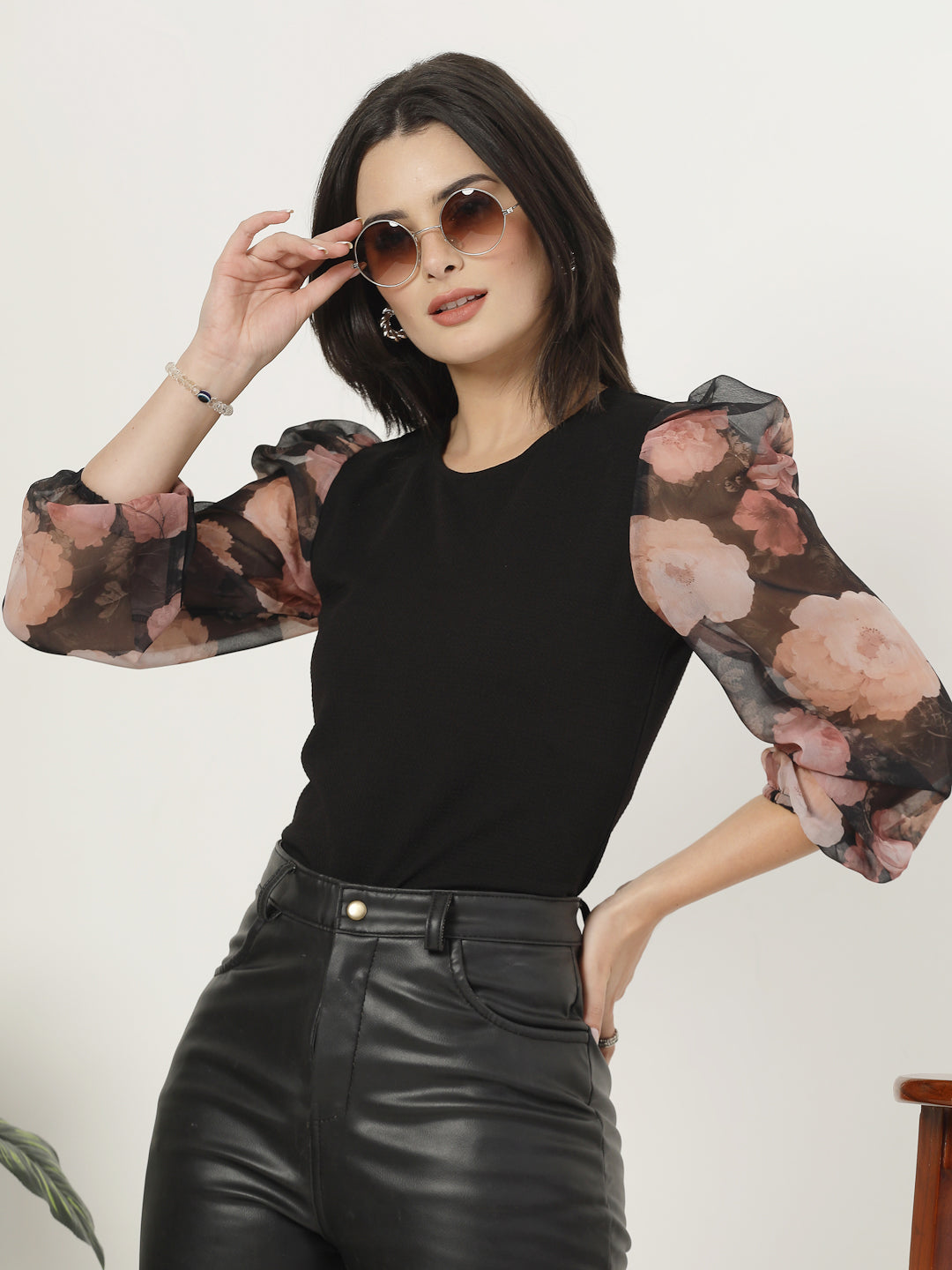 Style Quotient Women Black Top with Printed Sleeves-Tops-StyleQuotient