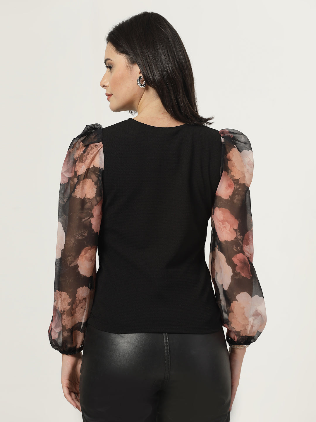 Style Quotient Women Black Top with Printed Sleeves-Tops-StyleQuotient