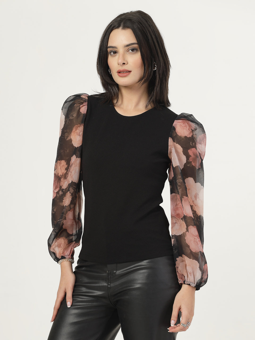 Style Quotient Women Black Top with Printed Sleeves-Tops-StyleQuotient