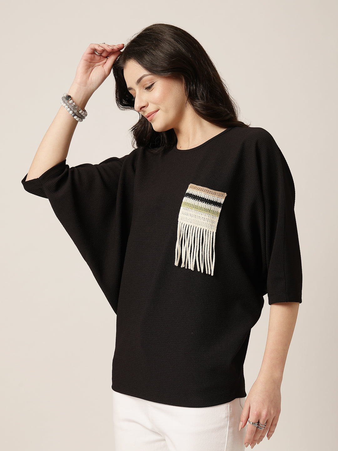 Style Quotient Women Black Poly knit top with patch pocket detailing-Tops-StyleQuotient