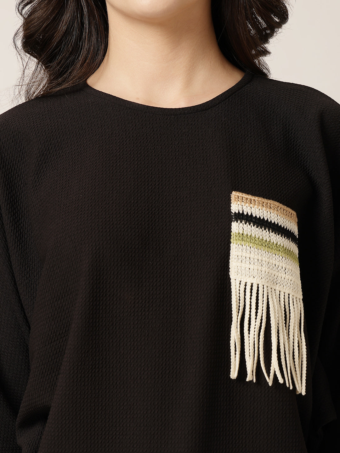 Style Quotient Women Black Poly knit top with patch pocket detailing-Tops-StyleQuotient