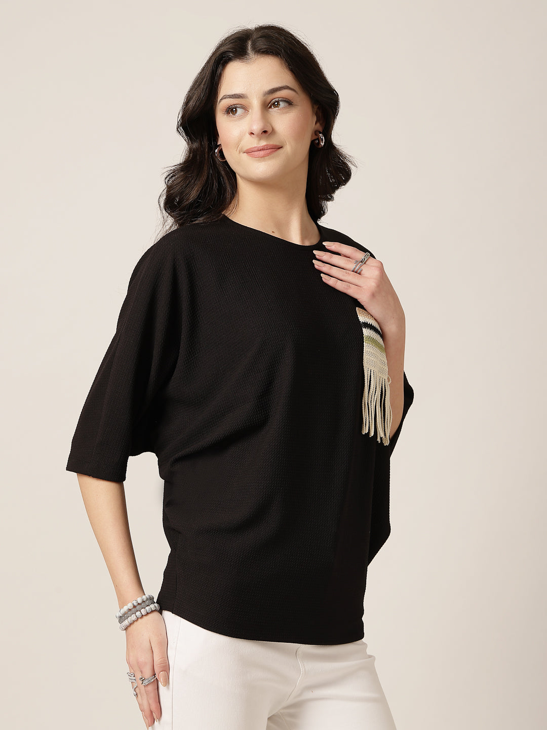 Style Quotient Women Black Poly knit top with patch pocket detailing-Tops-StyleQuotient