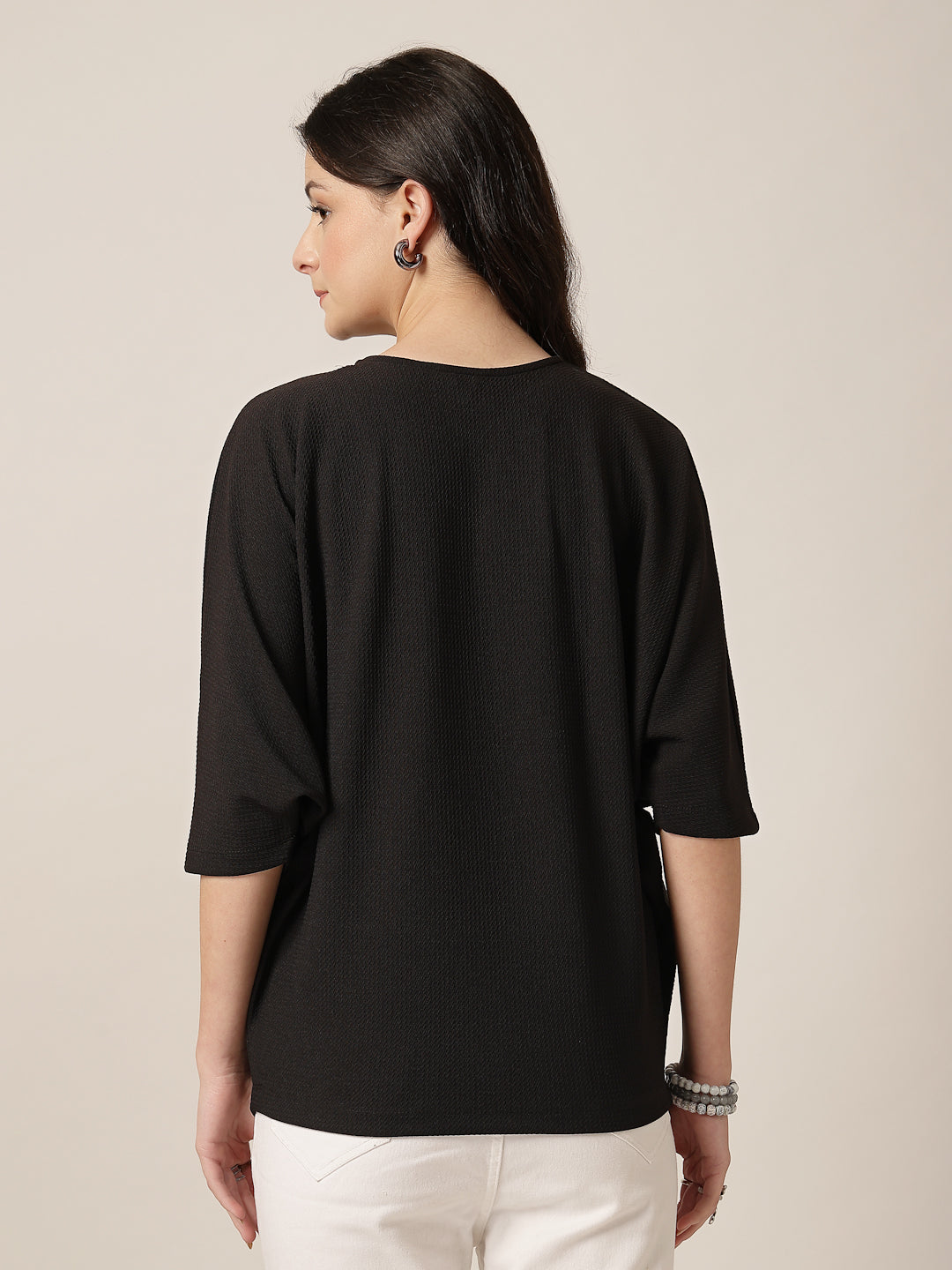 Style Quotient Women Black Poly knit top with patch pocket detailing-Tops-StyleQuotient