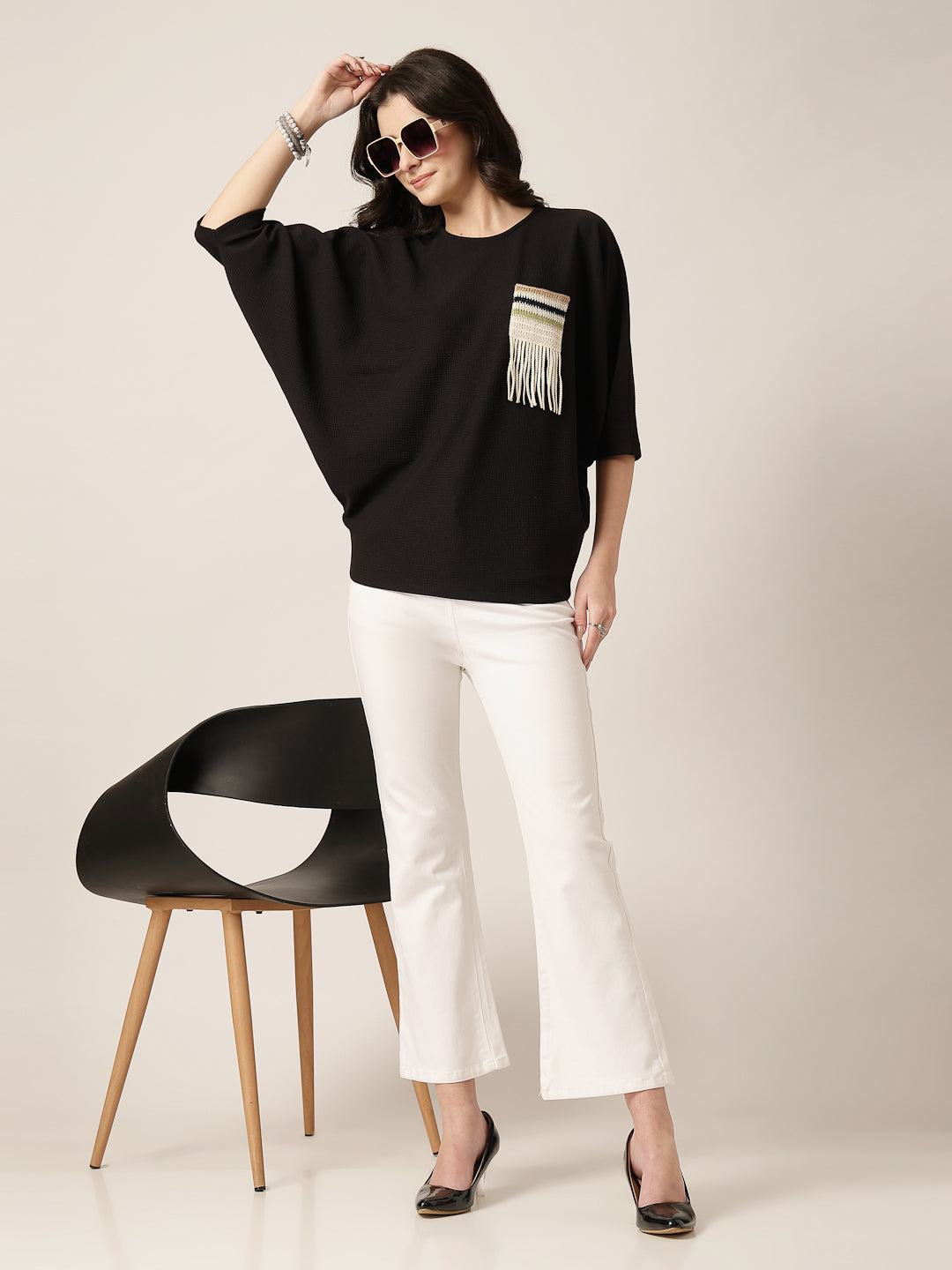 Style Quotient Women Black Poly knit top with patch pocket detailing-Tops-StyleQuotient