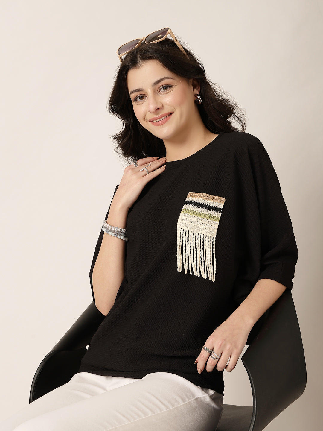 Style Quotient Women Black Poly knit top with patch pocket detailing-Tops-StyleQuotient