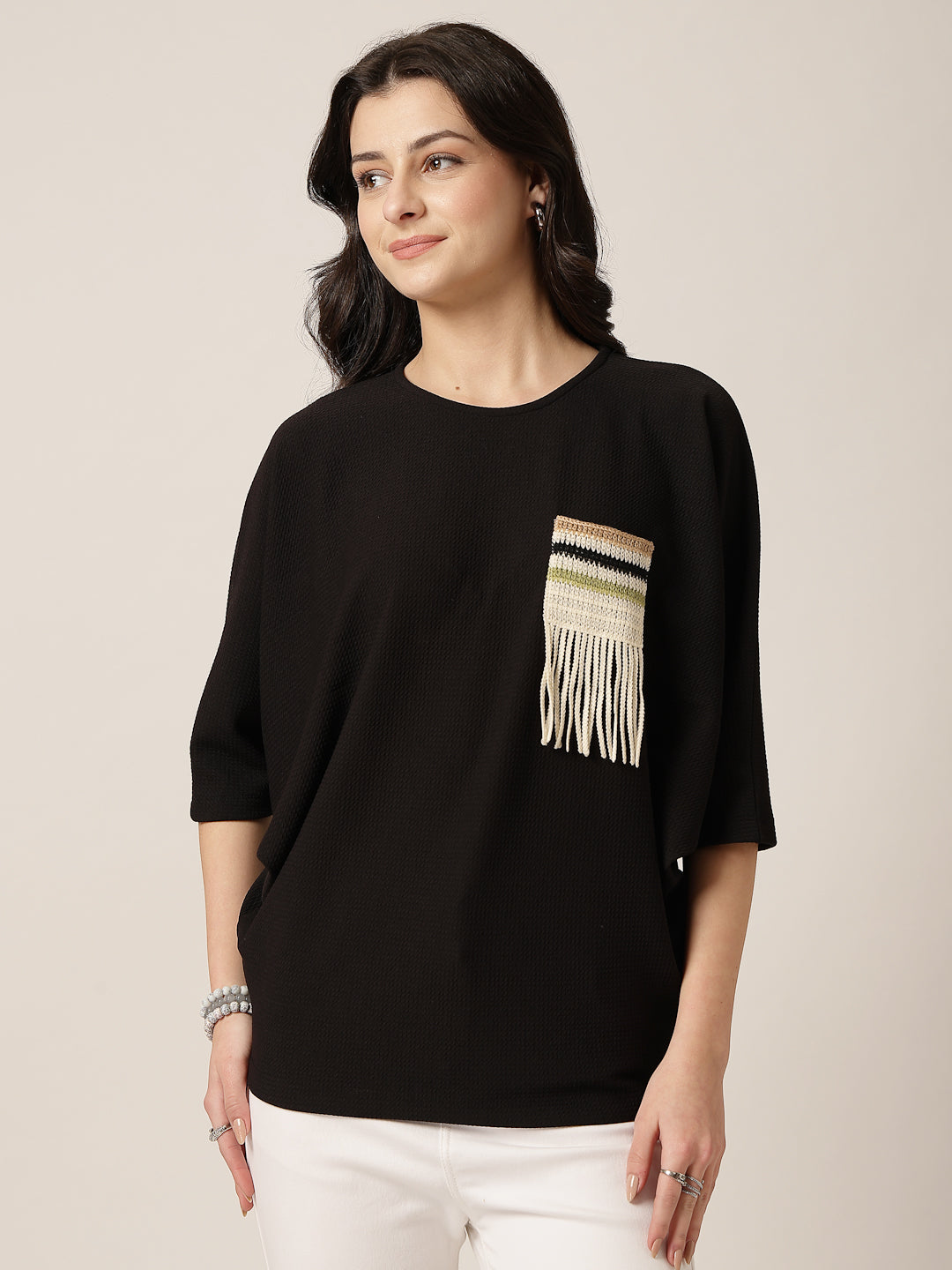 Style Quotient Women Black Poly knit top with patch pocket detailing-Tops-StyleQuotient