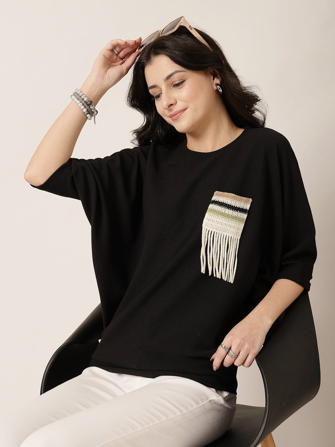 Style Quotient Women Black Poly knit top with patch pocket detailing-Tops-StyleQuotient