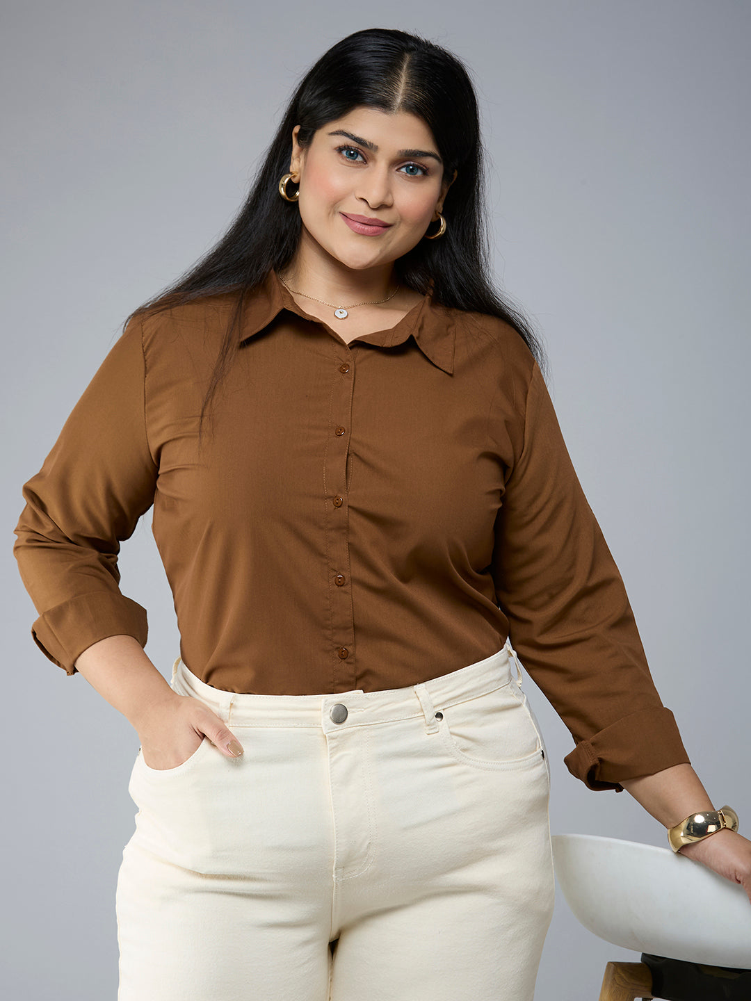 Style Quotient Plus Size Women Solid Camel Polycotton formal shirt-Shirts-StyleQuotient