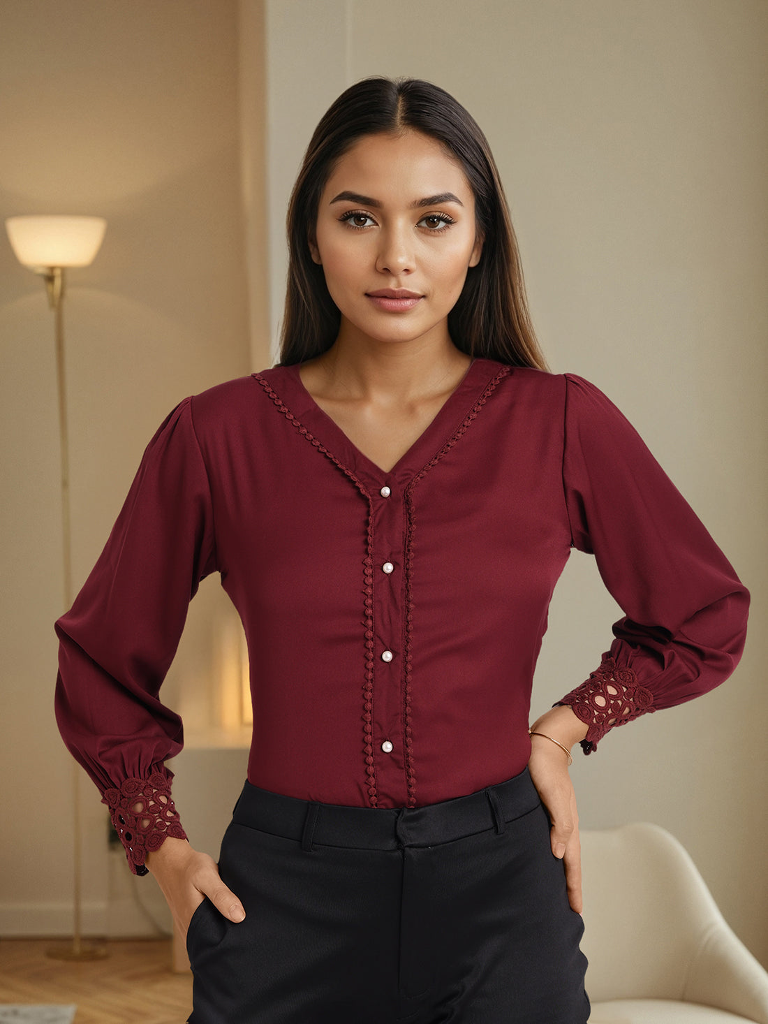 Style Quotient Women Solid Maroon Polymoss Regular Fit Formal Lace Insert Shirt-Shirts-StyleQuotient