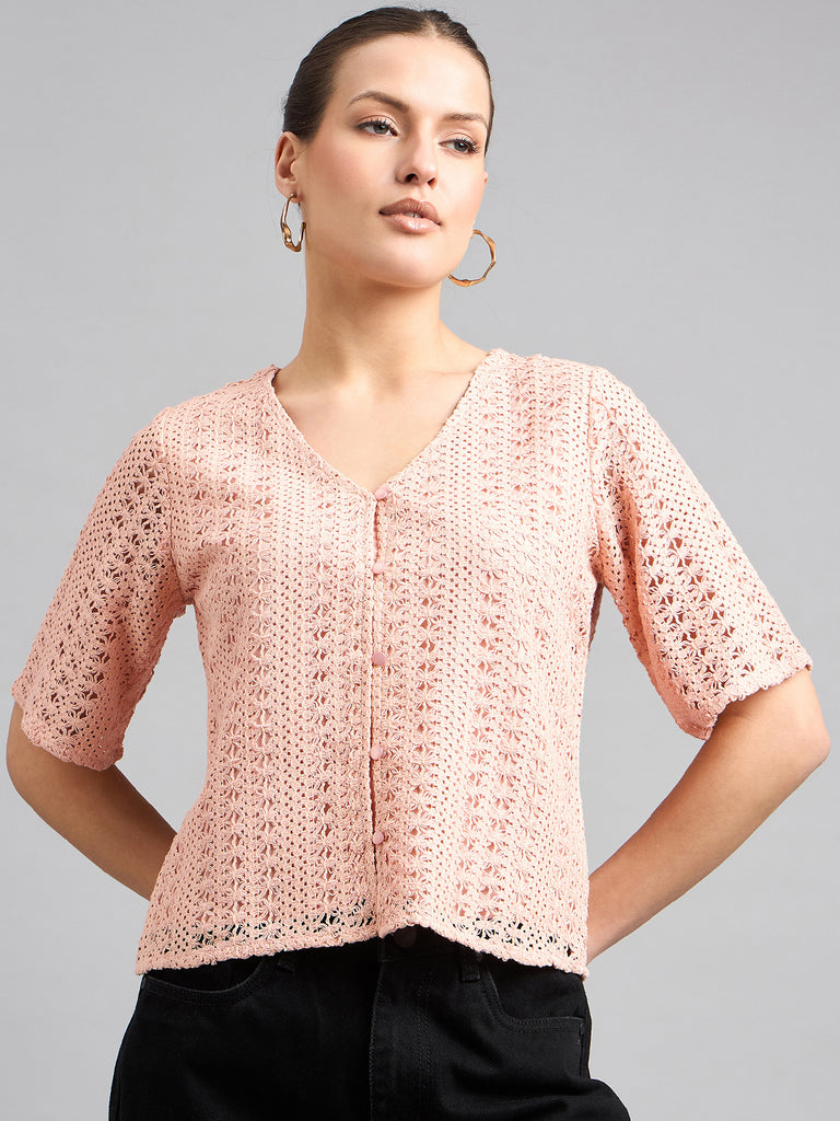Style Quotient Women Peach Lace Casual Shirt Style Top-Tops-StyleQuotient