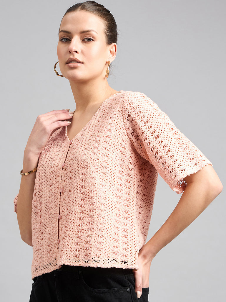 Style Quotient Women Peach Lace Casual Shirt Style Top-Tops-StyleQuotient