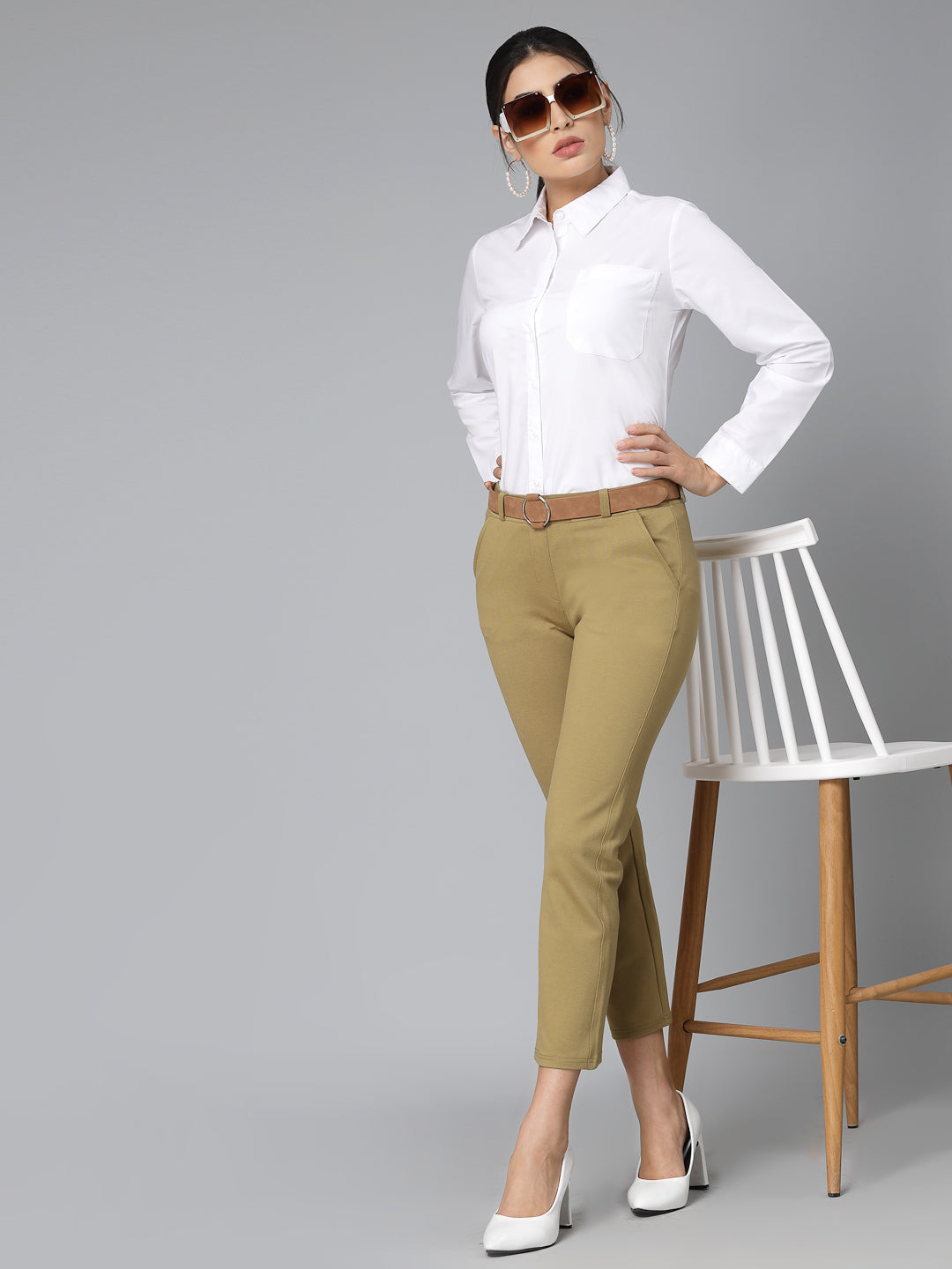 Style Quotient Women White Cotton Blend Formal Long Sleeve Shirt-Shirts-StyleQuotient