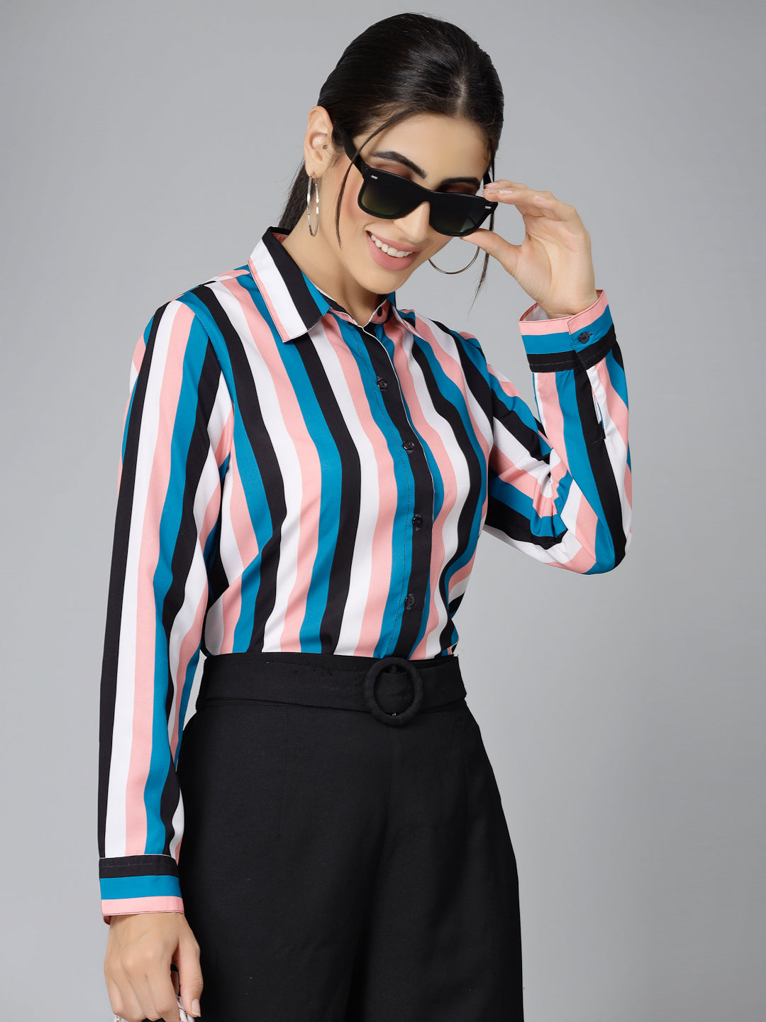 Style Quotient Women Peach and Multi Striped Regular Formal Shirt-Shirts-StyleQuotient