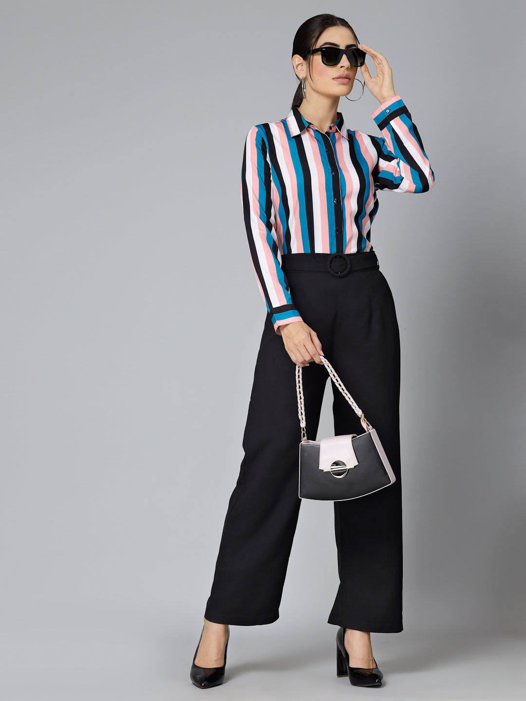 Style Quotient Women Peach and Multi Striped Regular Formal Shirt-Shirts-StyleQuotient